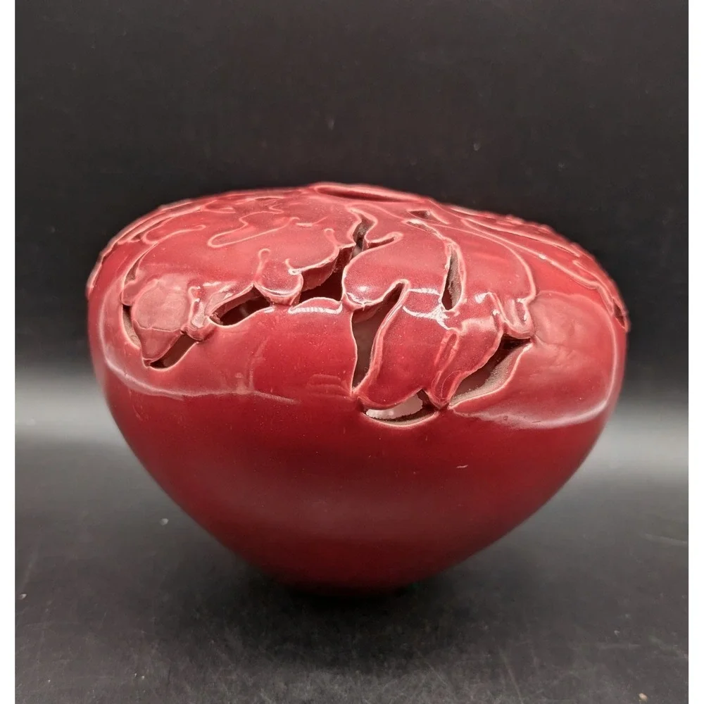 Seville Industries Oxblood Red Reticulated Pierced Leaf Ceramic Bud Vase 5